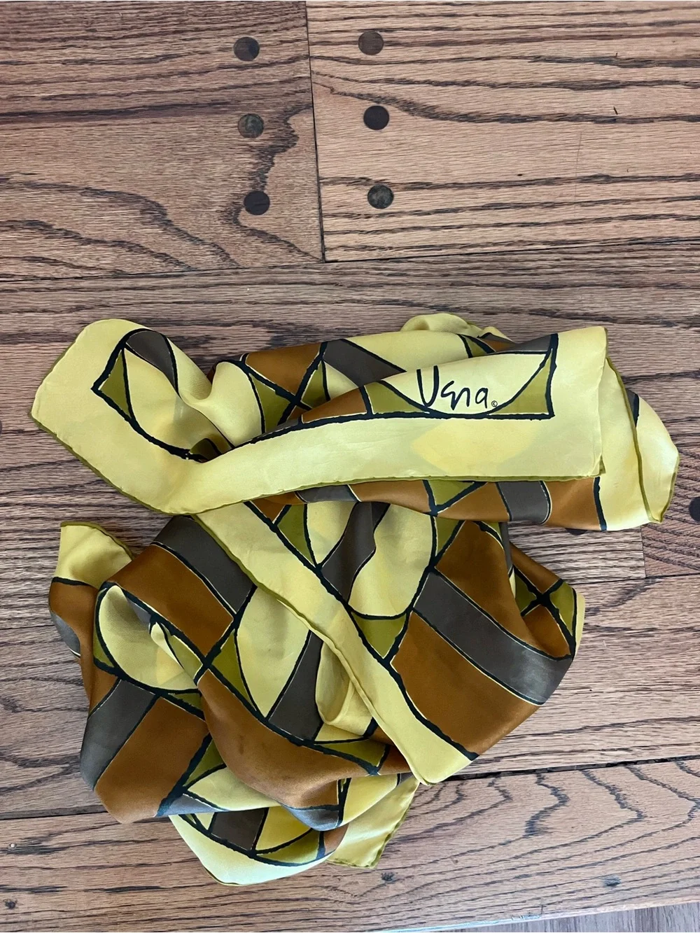 Vera Neumann Silk Vintage Scarf Yellow Geometric Abstract Hand-Rolled Hem 44”